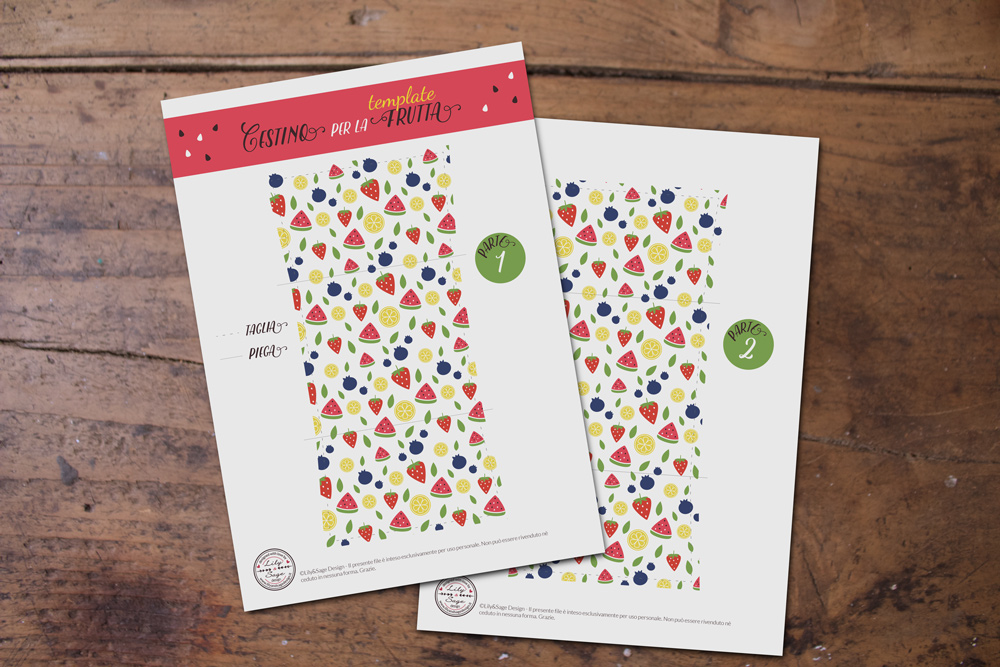 Cestino di carta per la frutta - template con pattern di frutta - Tutorial Lily&Sage Design